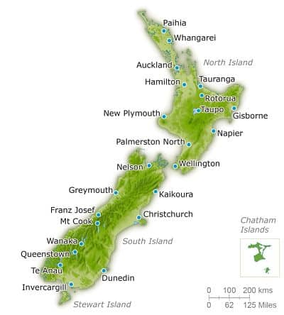 Map for Holidays to New Zealand 